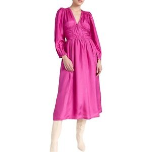 SEA New York Fabiola Solid Habotai V-Neck‎ Fuchsia Silk Midi Dress
